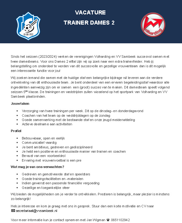 Vacature trainer ST Volharding/Sambeek VR2