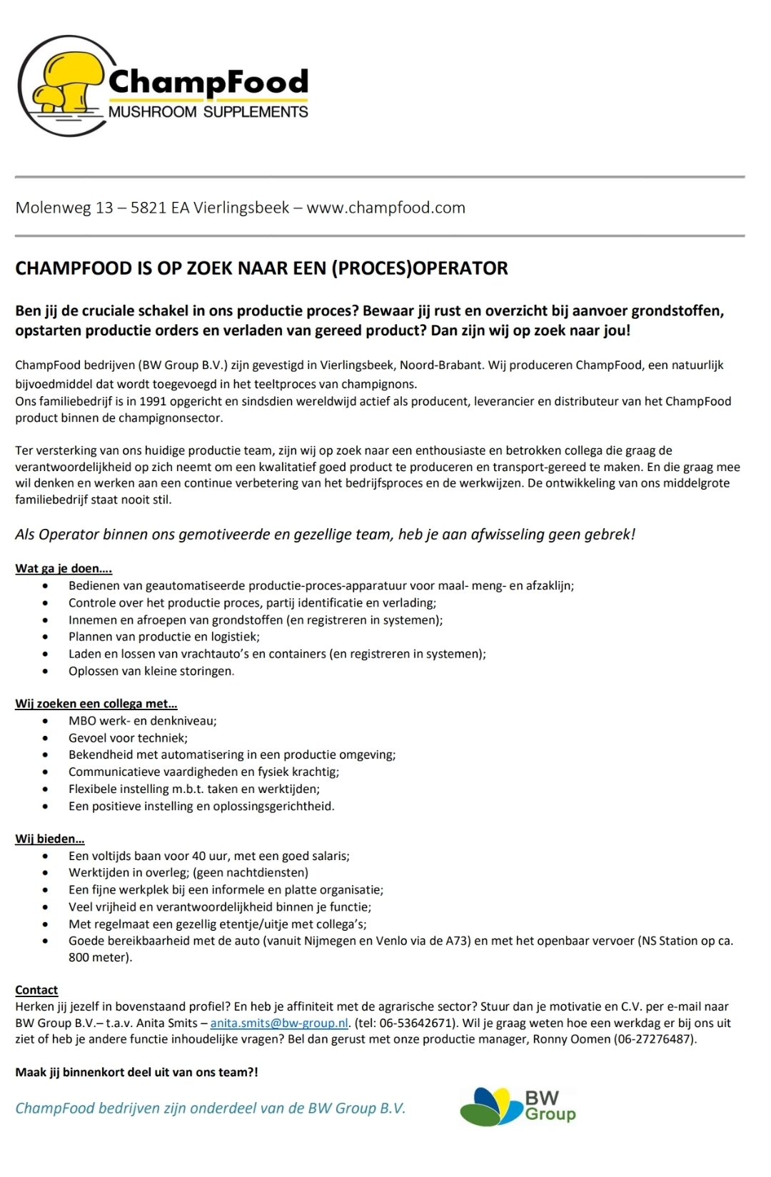 Vacature bij ChampFood Mushroom Supplements